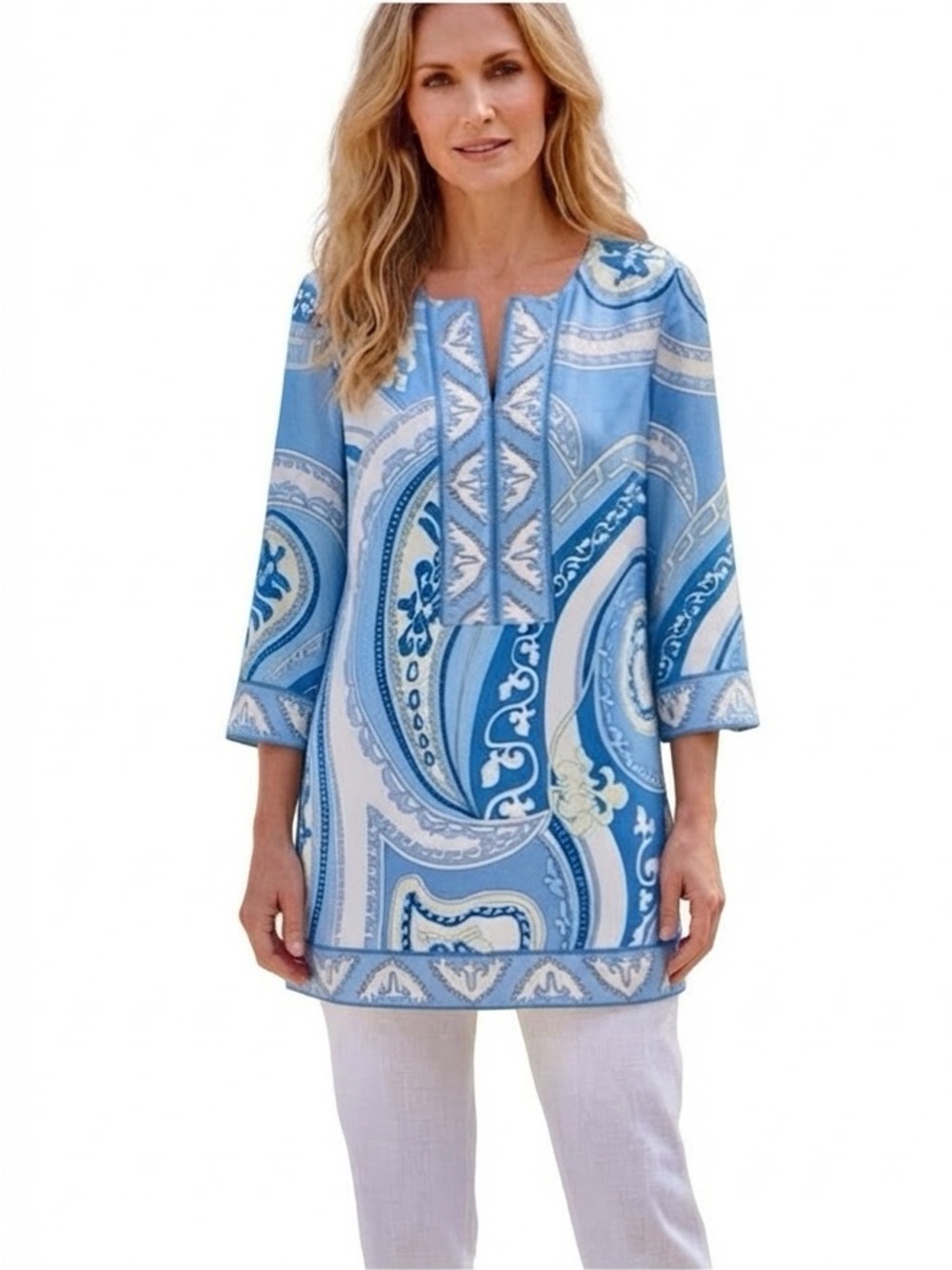 Coldwater Creek Silk paisley Blue White Patterned Tunic
